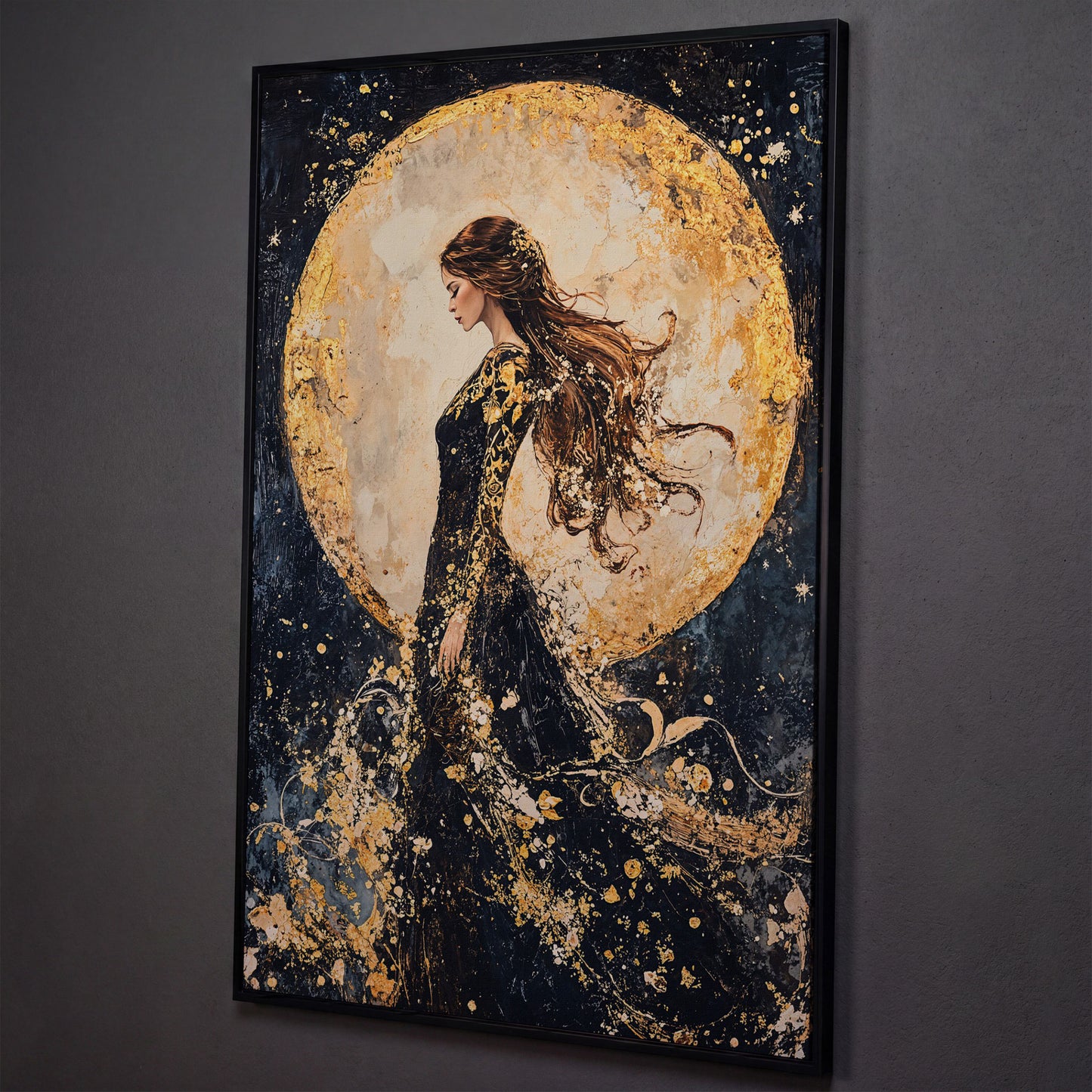 Moon Goddess Canvas in Indigo and Gold shown in black floating frame