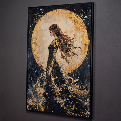 Moon Goddess Canvas in Indigo and Gold shown in black floating frame