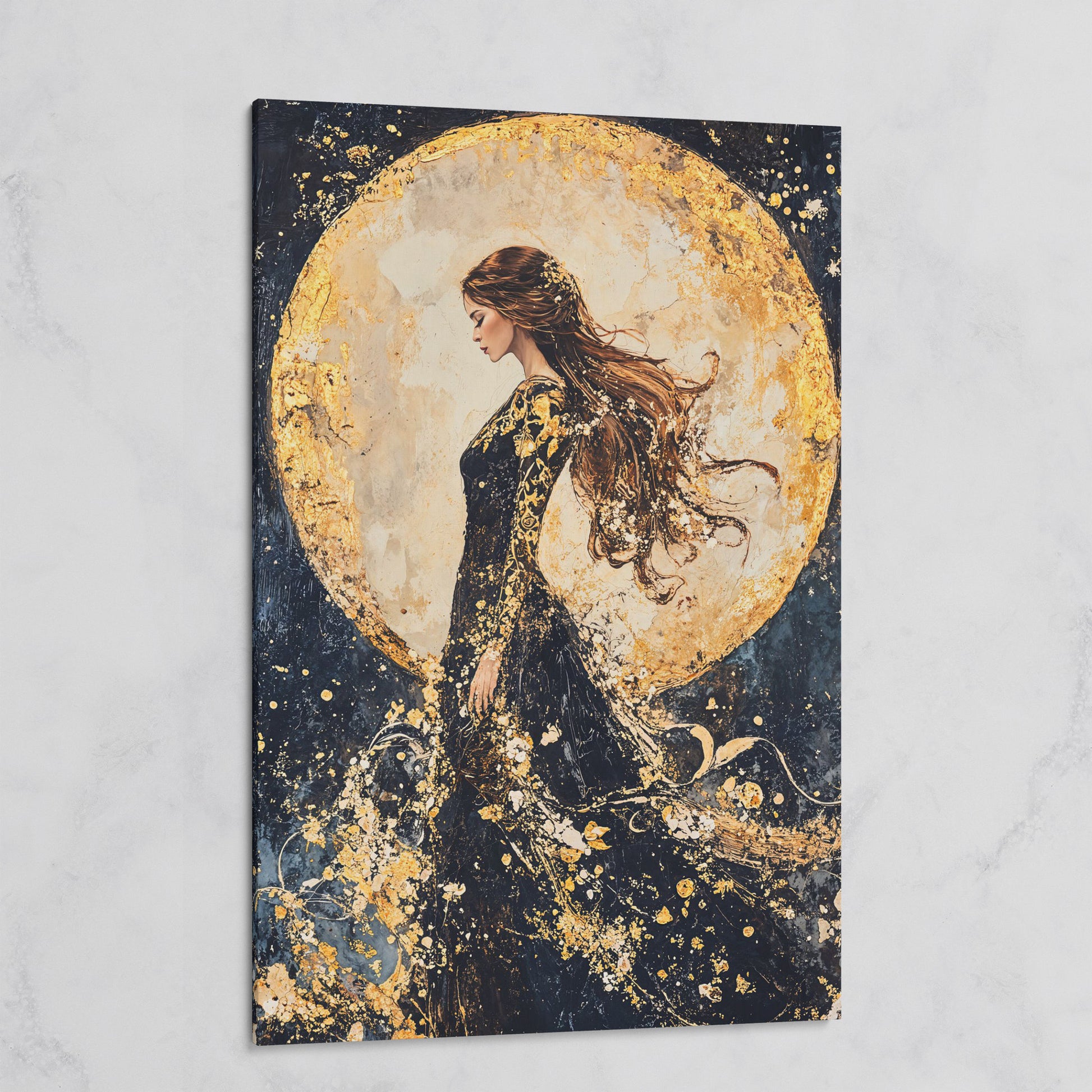 Moon Goddess Canvas in Indigo and Gold on gallery wrap