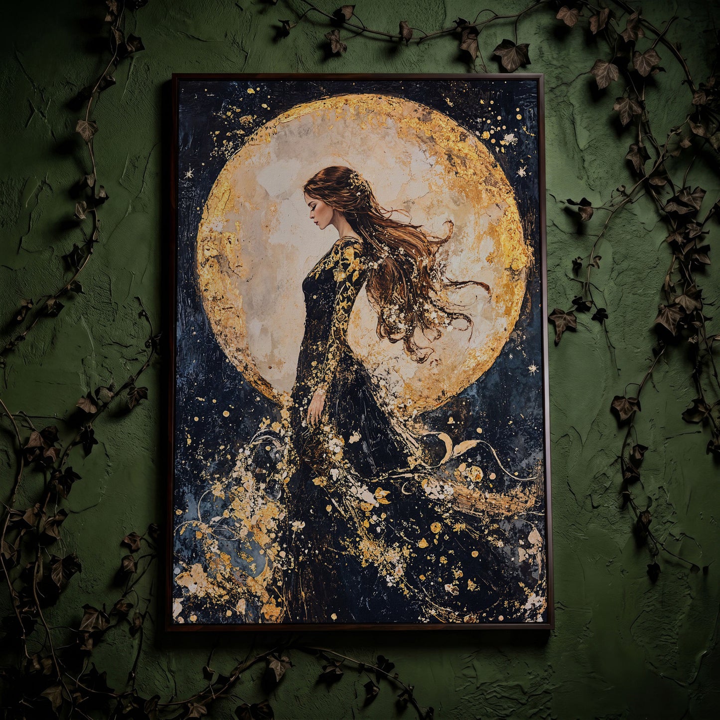 Moon Goddess Canvas in Indigo and Gold in dark walnut floating frame