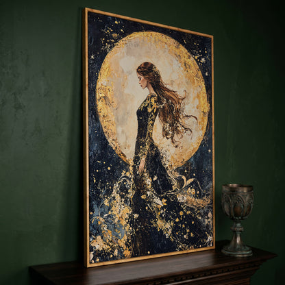 Moon Goddess Canvas in Indigo and Gold in white oak floating frame