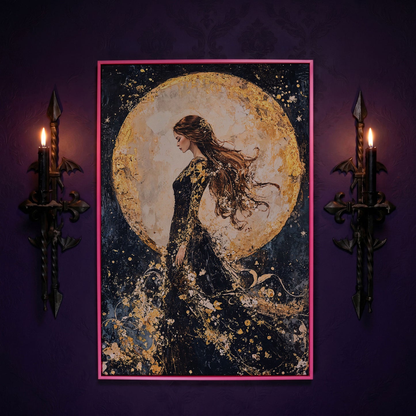 Moon Goddess Canvas in Indigo and Gold in pink floating frame