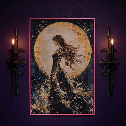 Moon Goddess Canvas in Indigo and Gold in pink floating frame