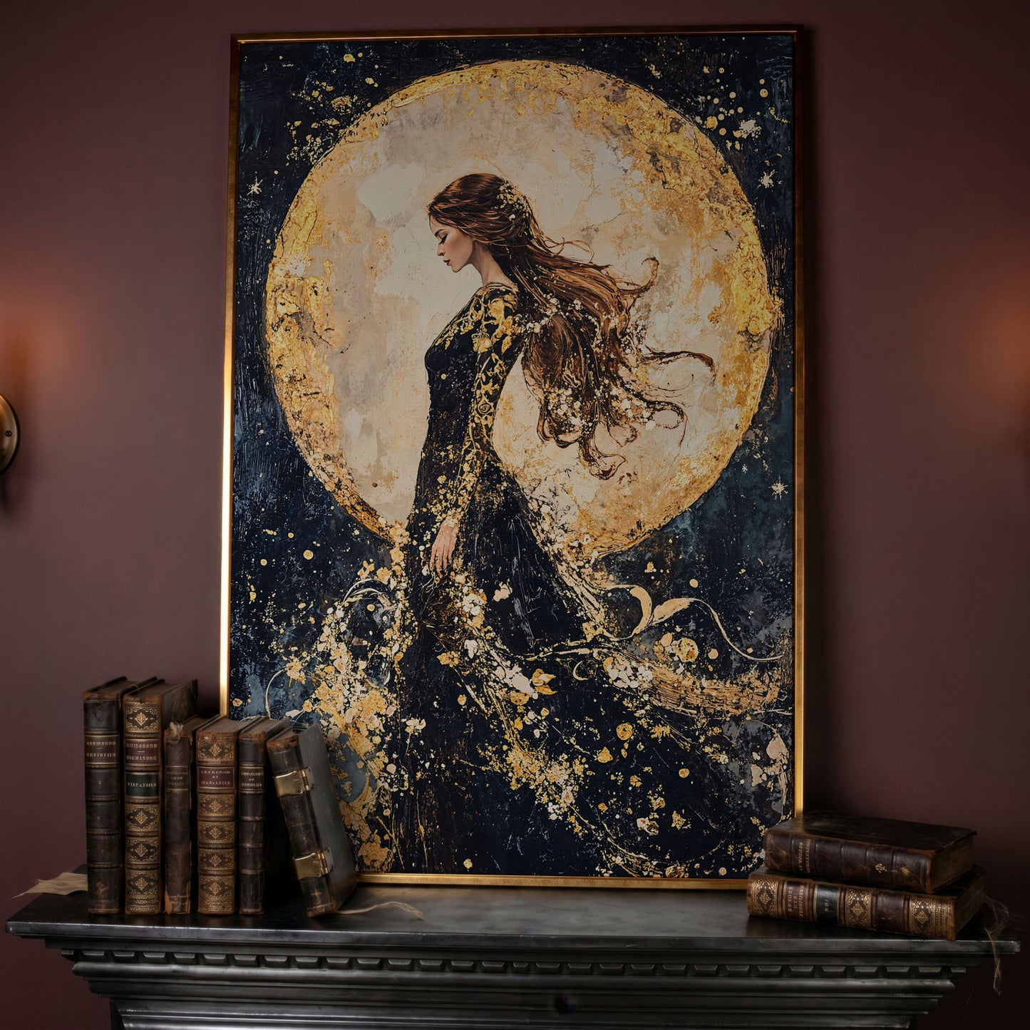 Moon Goddess Canvas in Indigo and Gold in rose gold floating frame