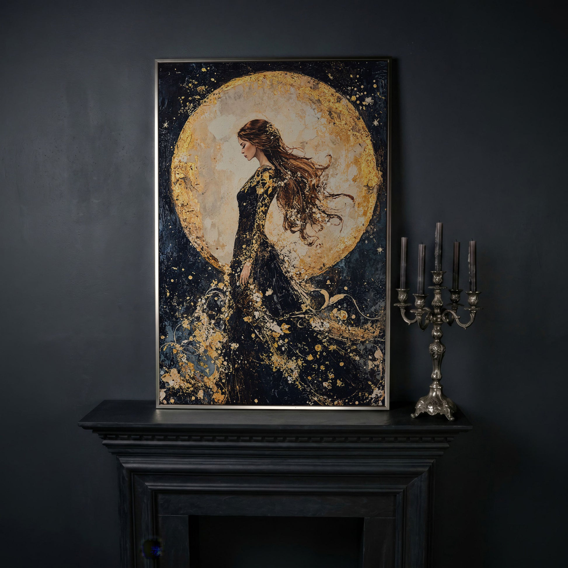 Moon Goddess Canvas in Indigo and Gold in silver floating frame