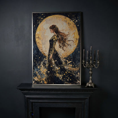 Moon Goddess Canvas in Indigo and Gold in silver floating frame