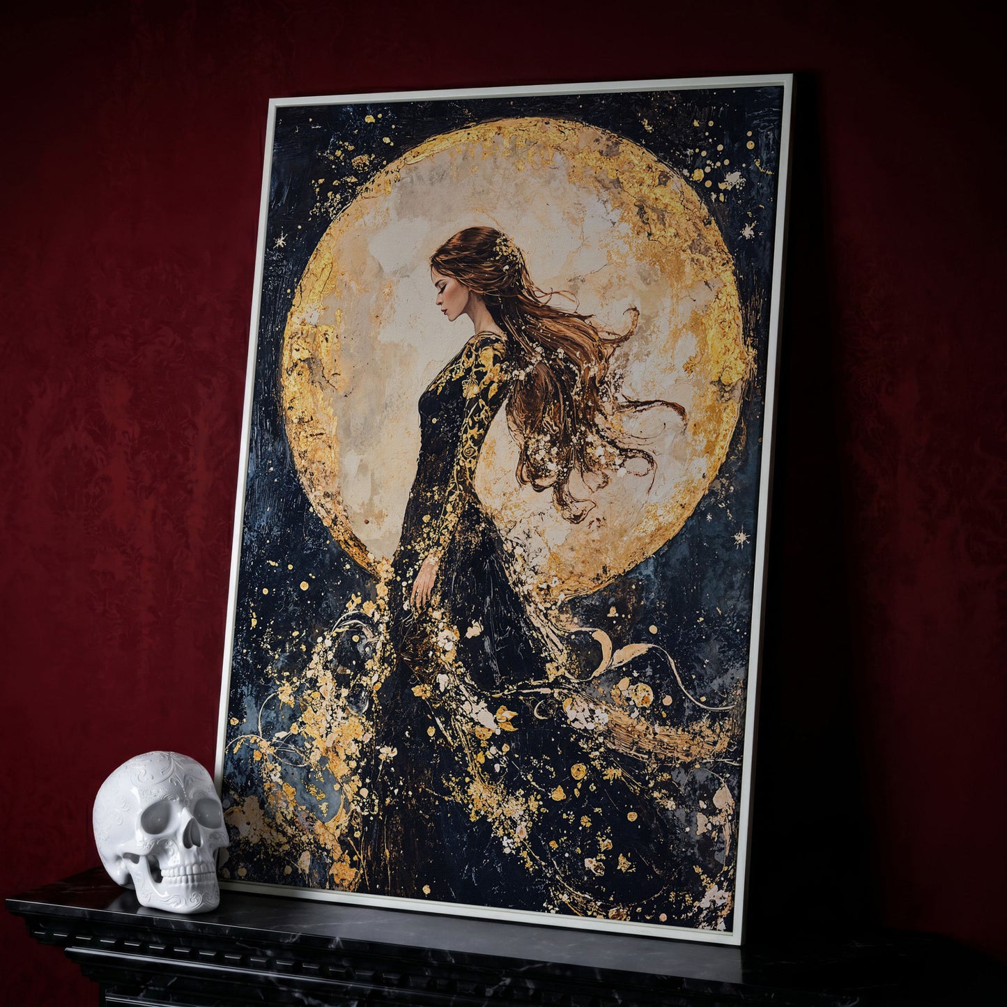 Moon Goddess Canvas in Indigo and Gold in white floating frame