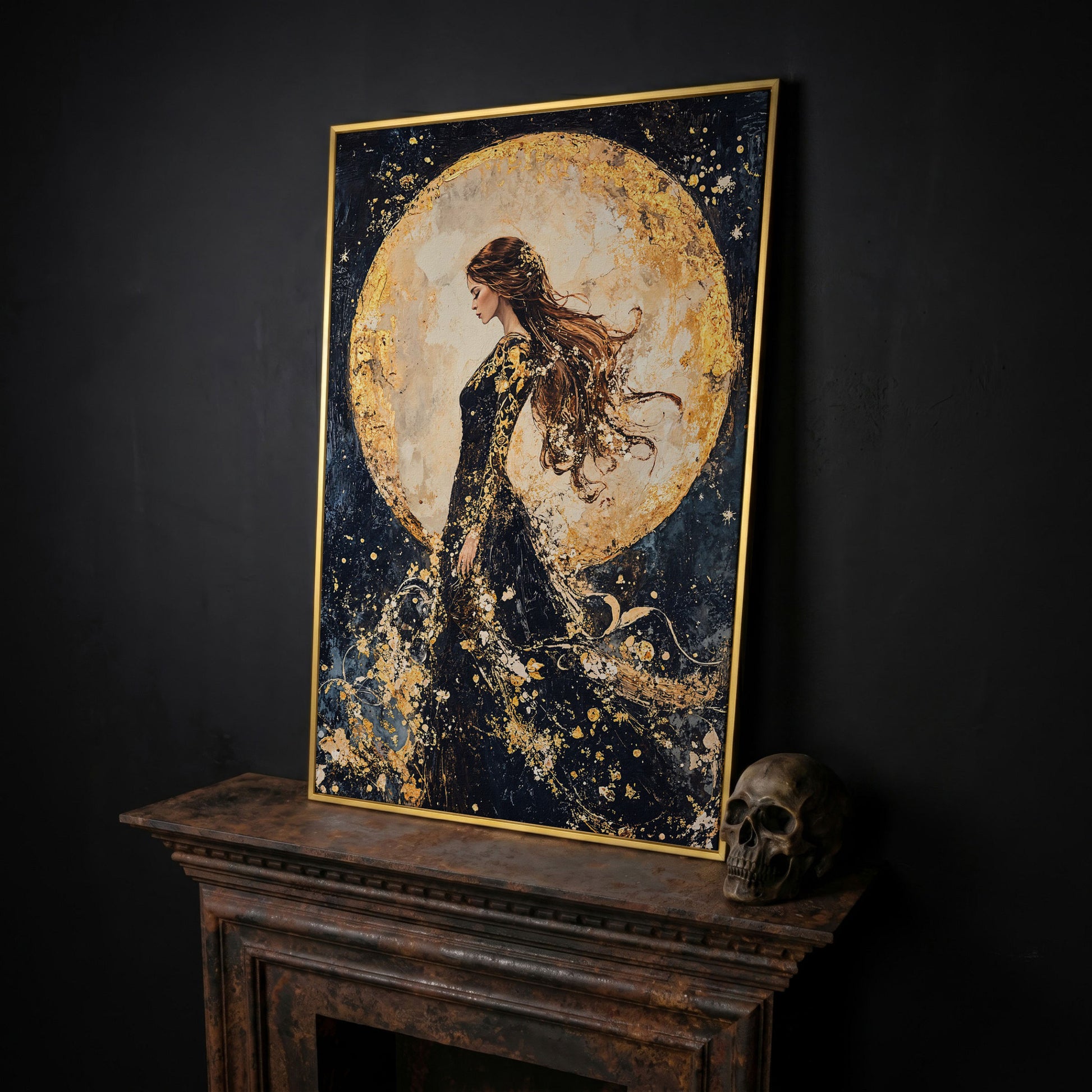 Moon Goddess Canvas in Indigo and Gold in yellow gold floating frame