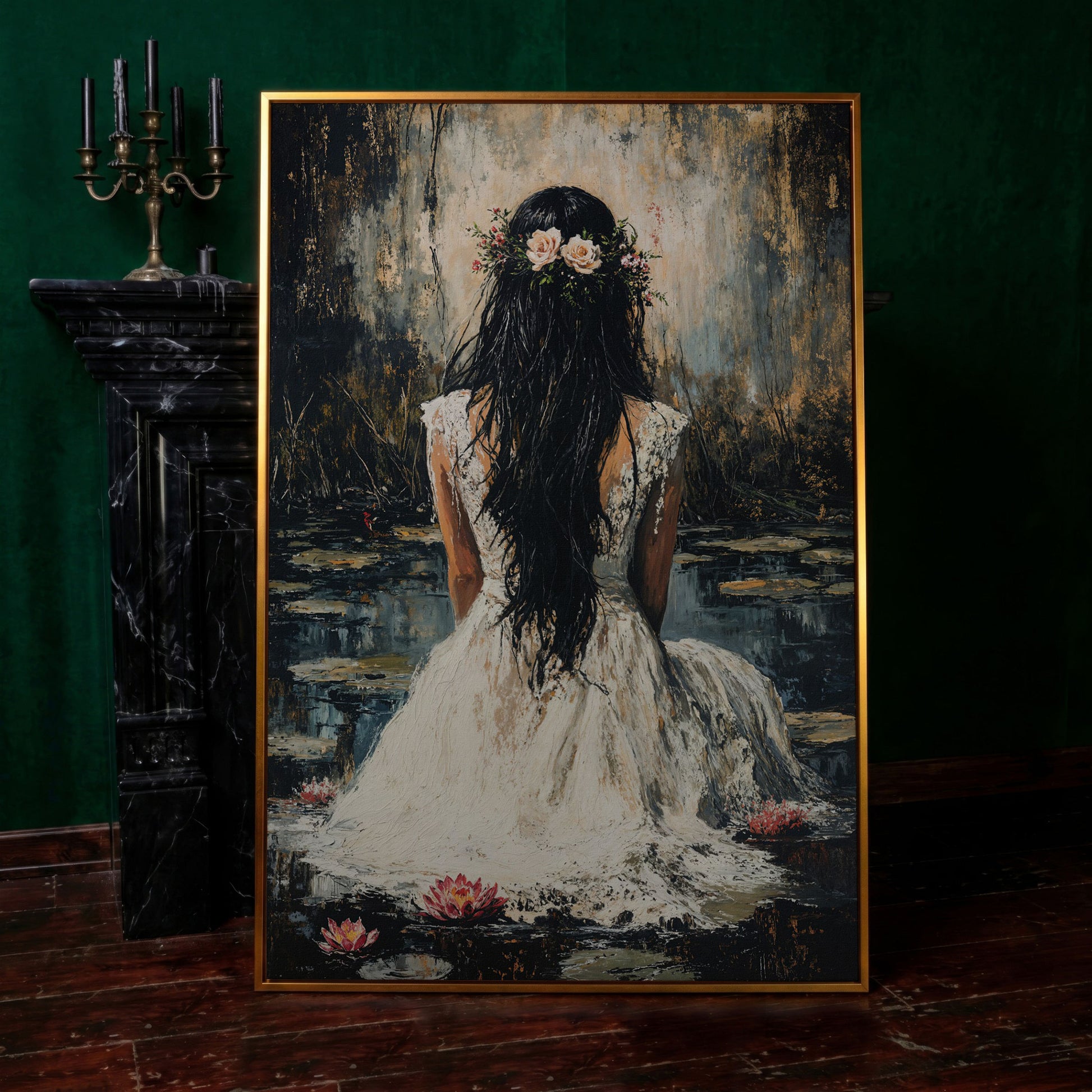 Woman by the Lily Pond Canvas Print in antique gold floating frame