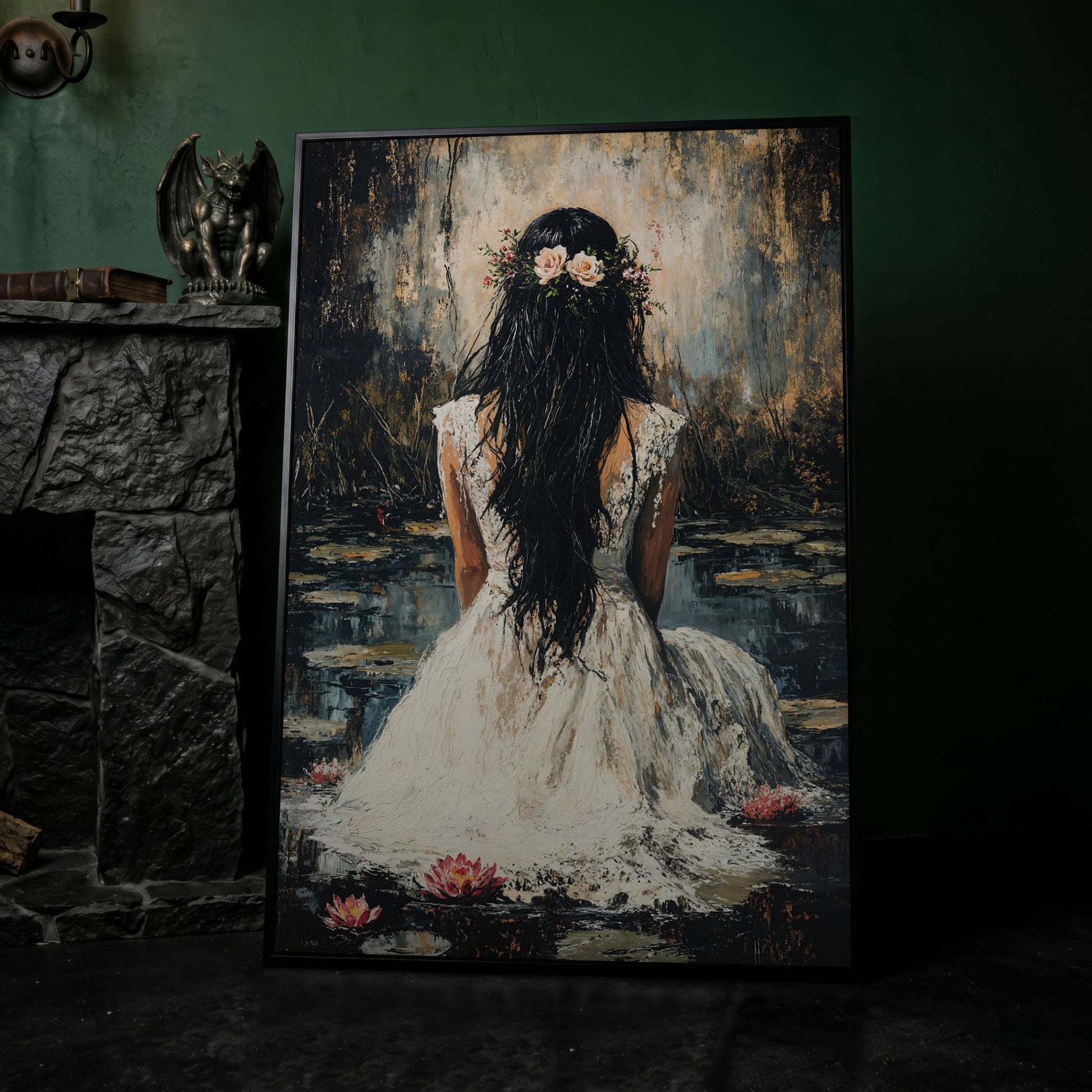 Woman by the Lily Pond Canvas Print in black floating frame