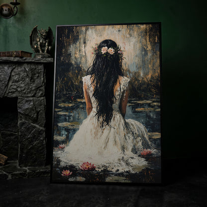Woman by the Lily Pond Canvas Print in black floating frame