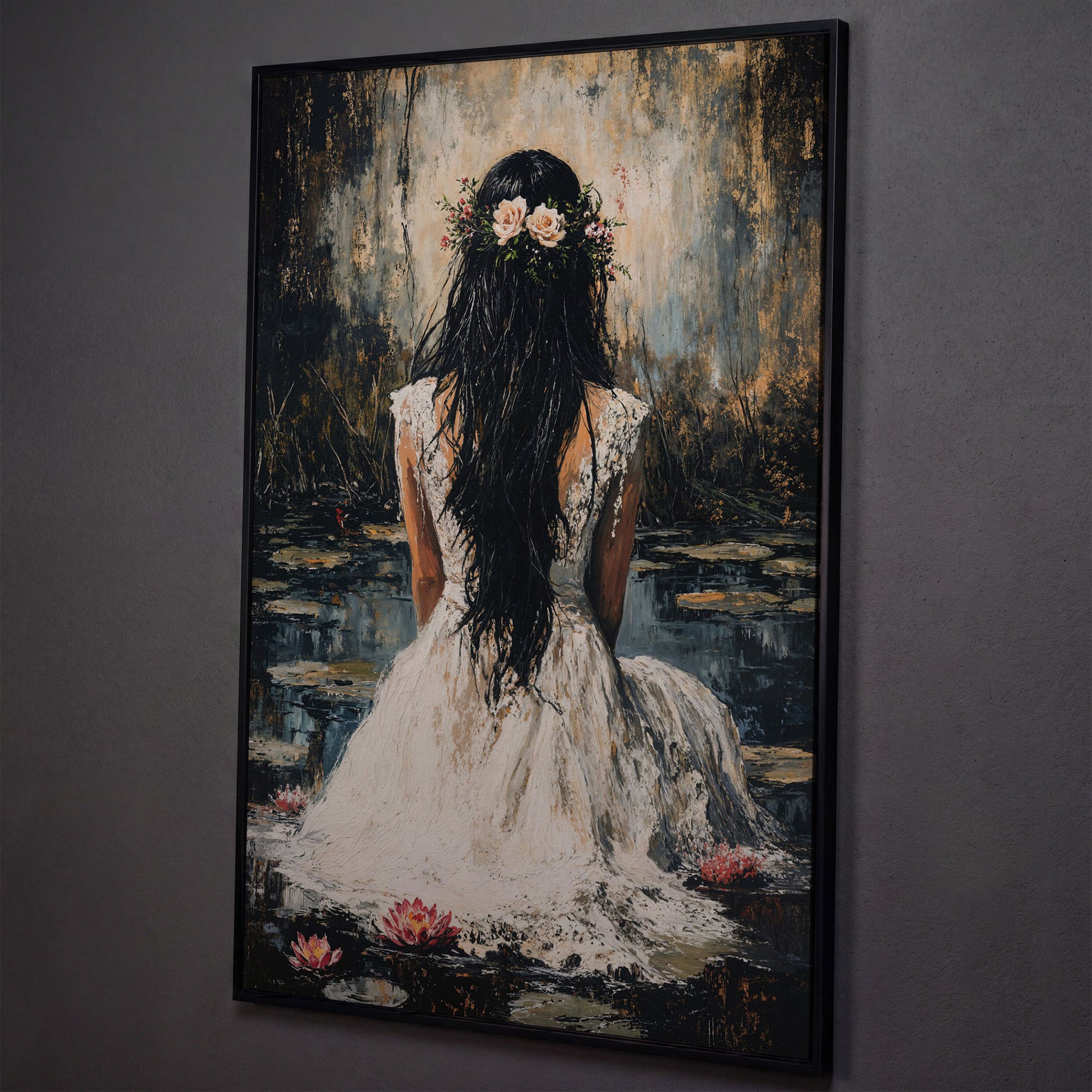 Woman by the Lily Pond Canvas Print shown in black floating frame