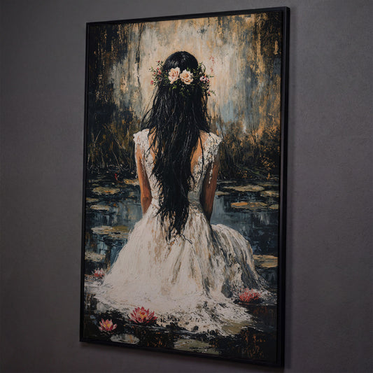 Woman by the Lily Pond Canvas Print shown in black floating frame