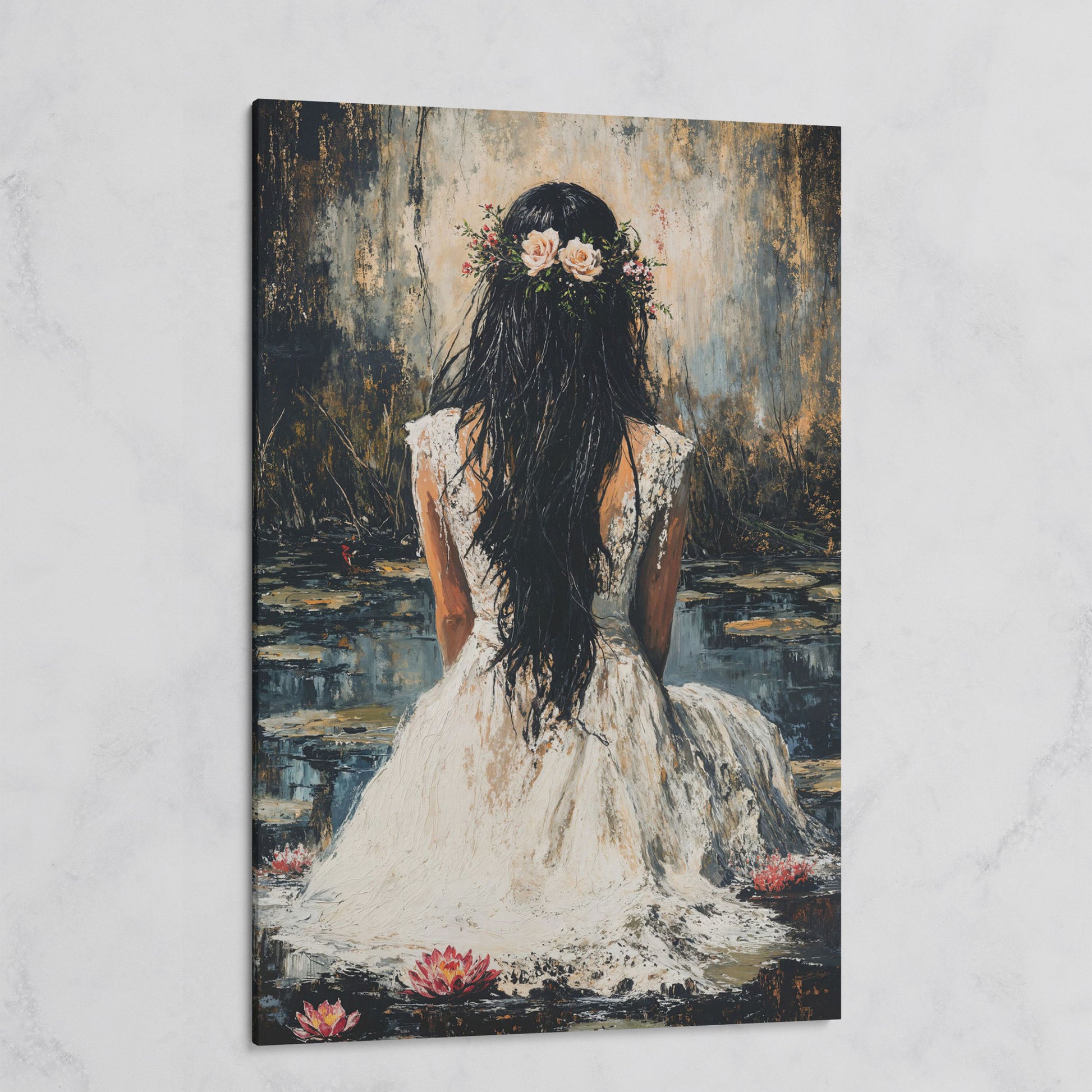 Woman by the Lily Pond Canvas Print on gallery wrap