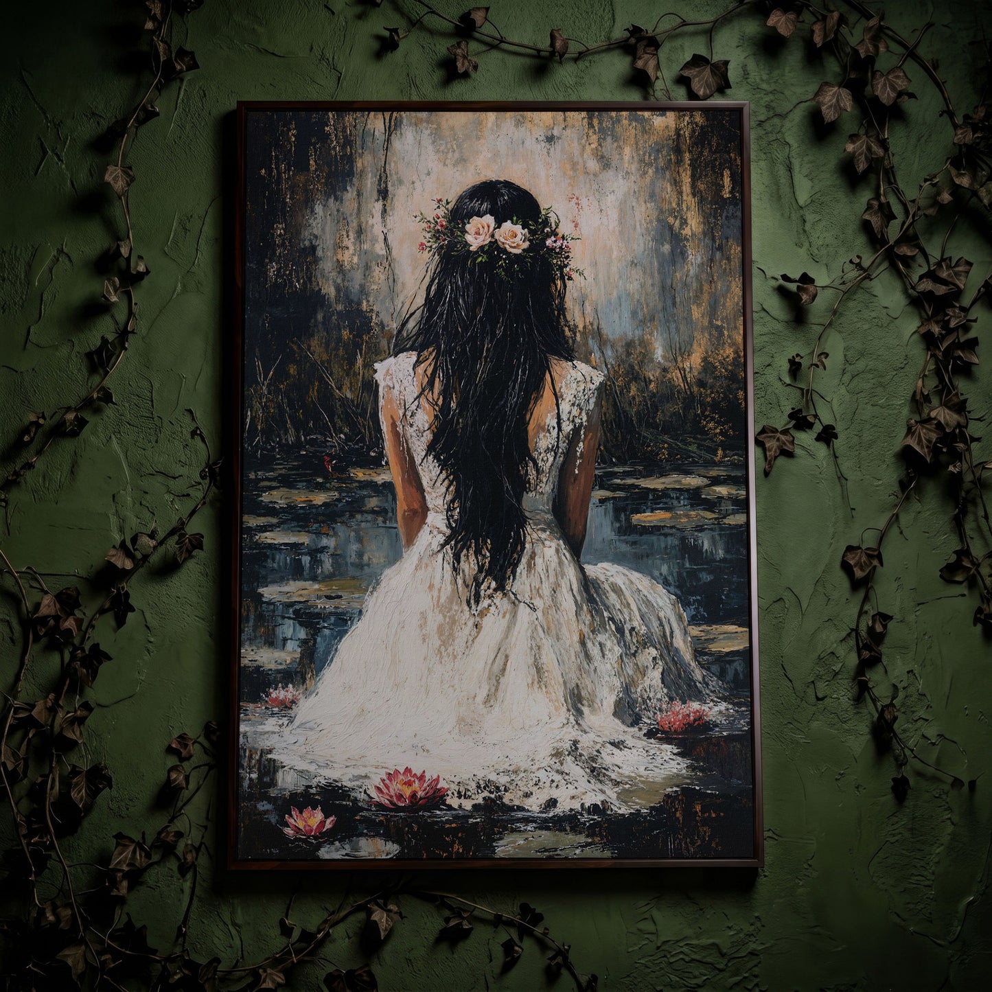 Woman by the Lily Pond Canvas Print in dark walnut floating frame