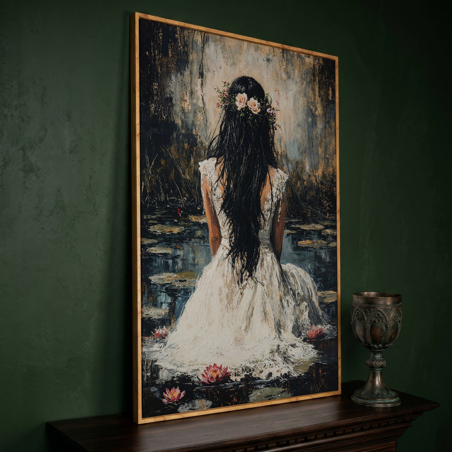 Woman by the Lily Pond Canvas Print in white oak floating frame