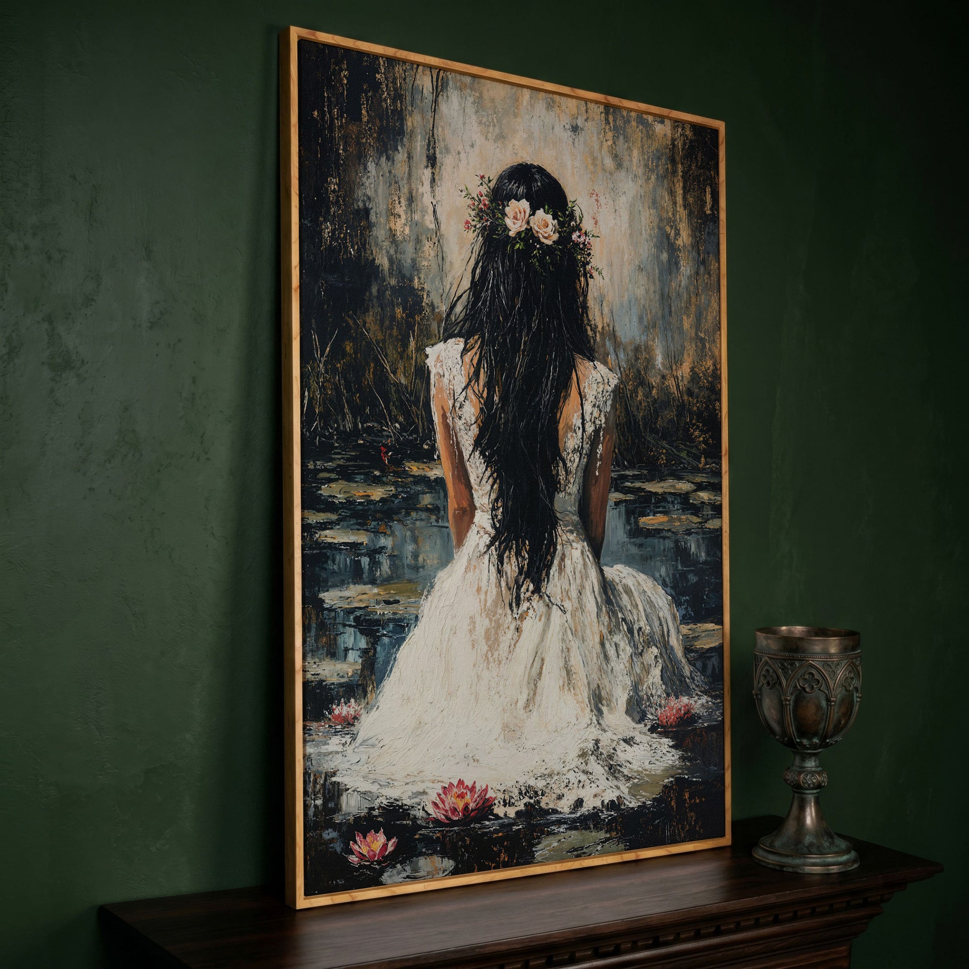 Woman by the Lily Pond Canvas Print in white oak floating frame