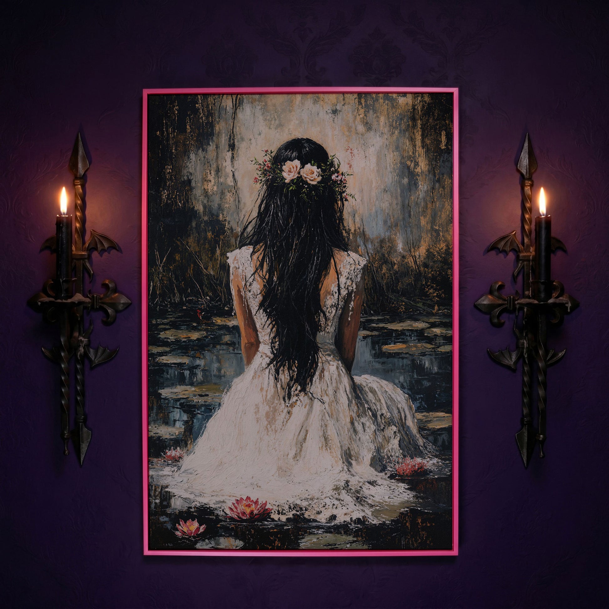 Woman by the Lily Pond Canvas Print in pink floating frame