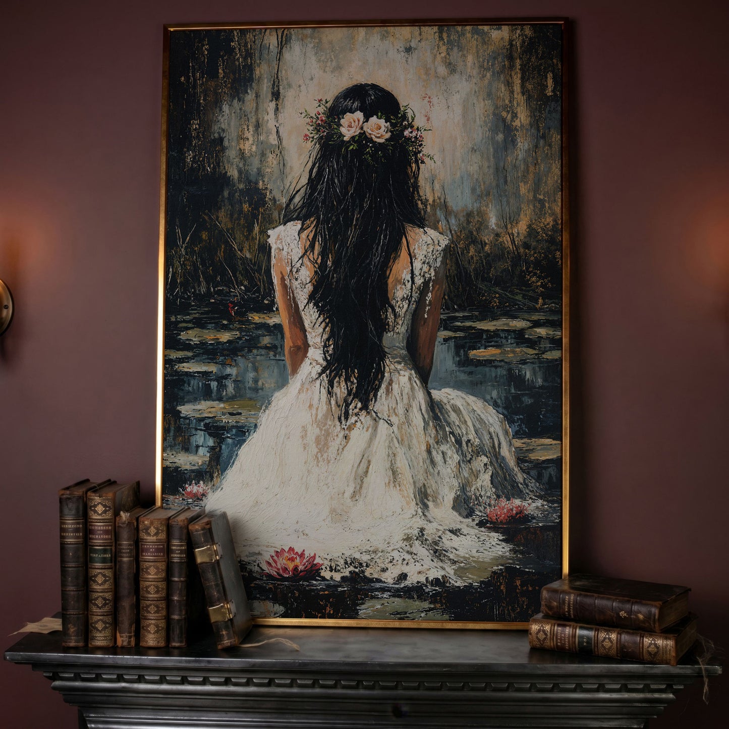 Woman by the Lily Pond Canvas Print in rose gold floating frame