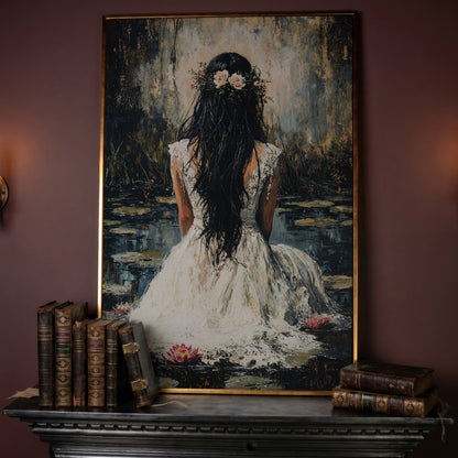 Woman by the Lily Pond Canvas Print in rose gold floating frame