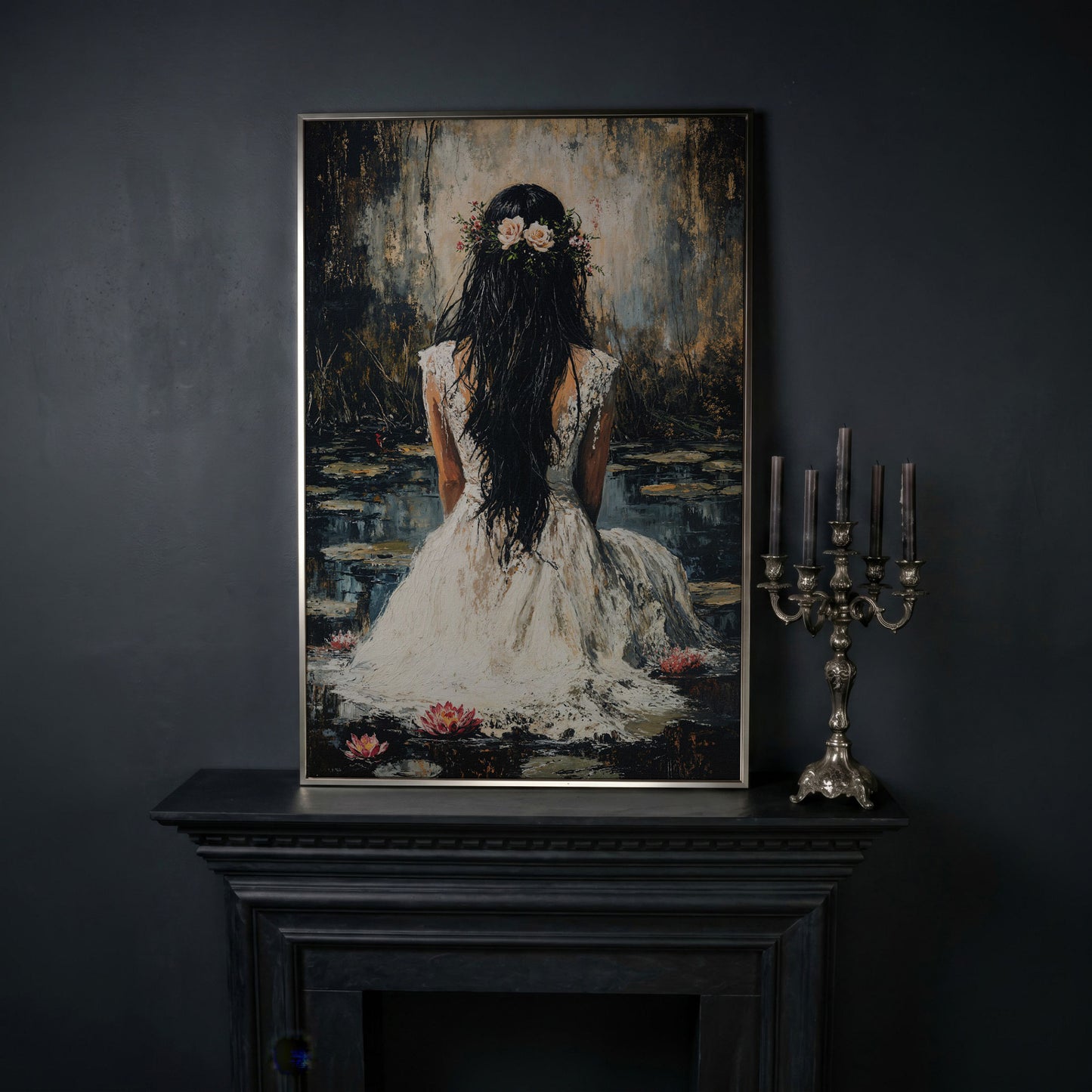 Woman by the Lily Pond Canvas Print in silver floating frame