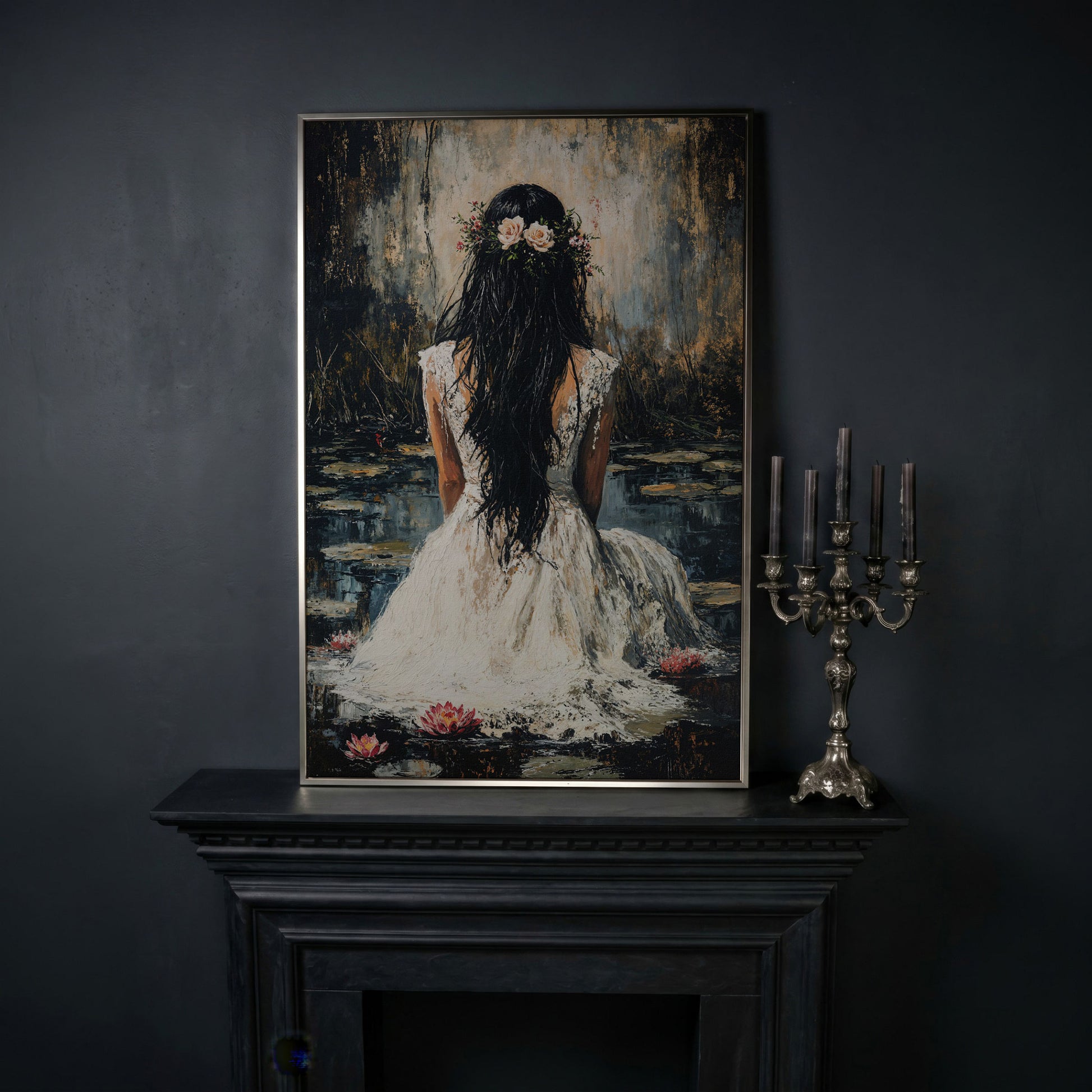 Woman by the Lily Pond Canvas Print in silver floating frame