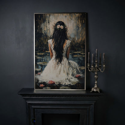 Woman by the Lily Pond Canvas Print in silver floating frame