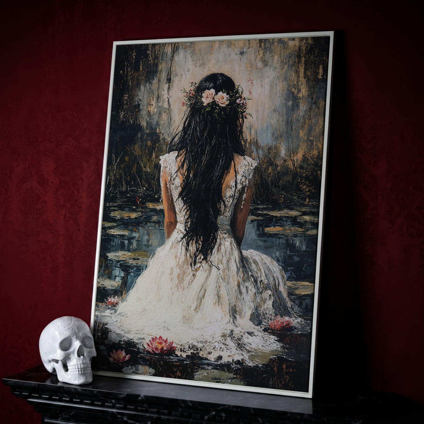 Woman by the Lily Pond Canvas Print in white floating frame