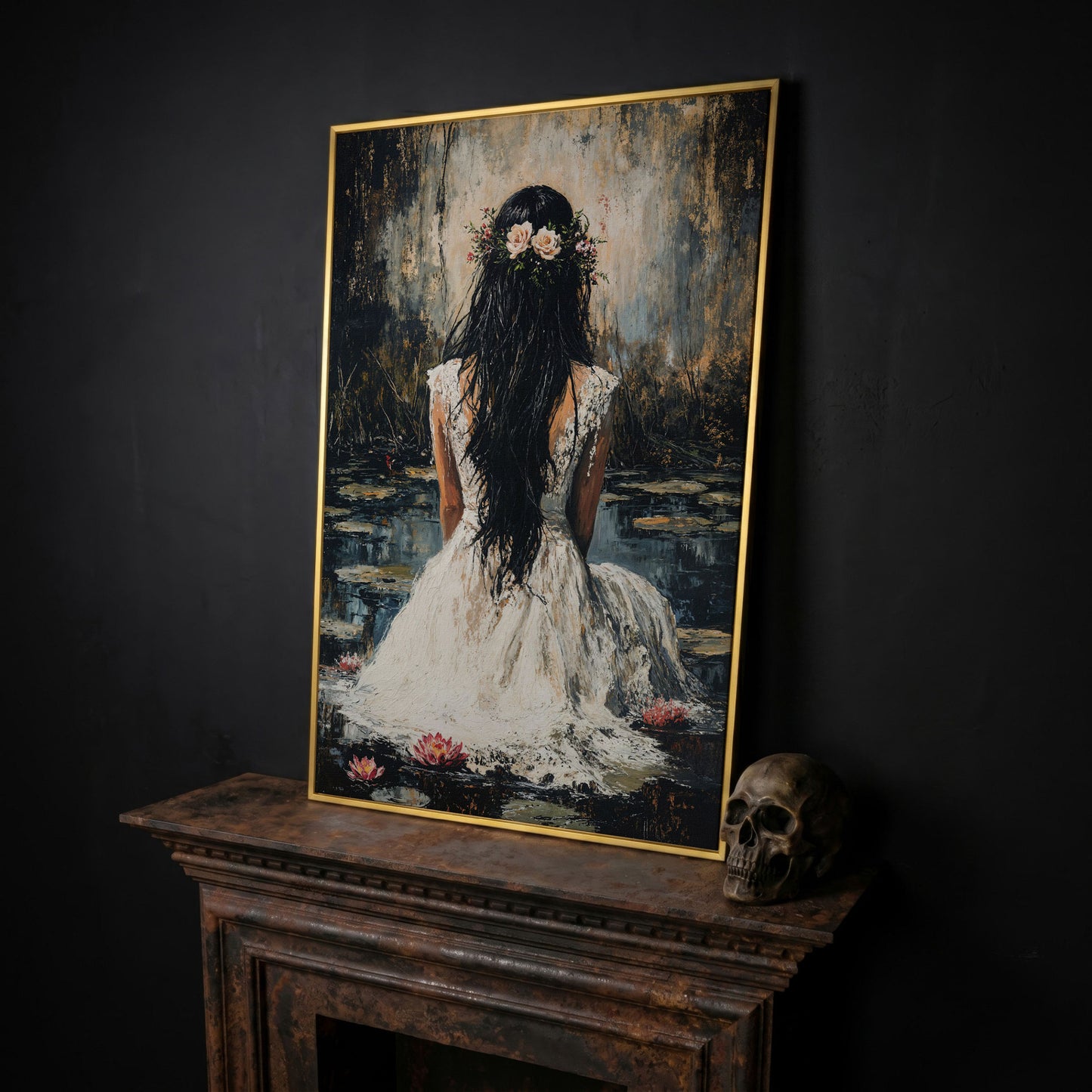 Woman by the Lily Pond Canvas Print in yellow gold floating frame