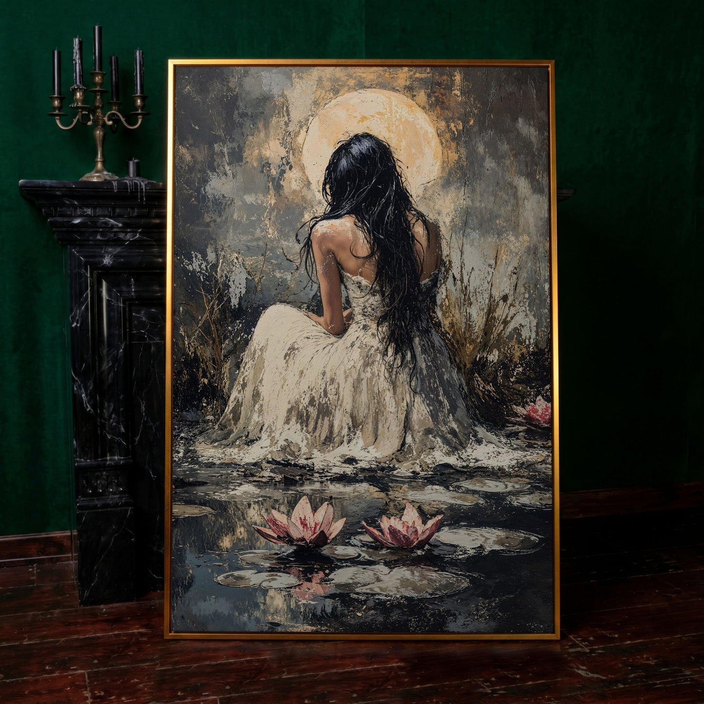 Woman by Moonlit Water Lilies Canvas Print in antique gold floating frame