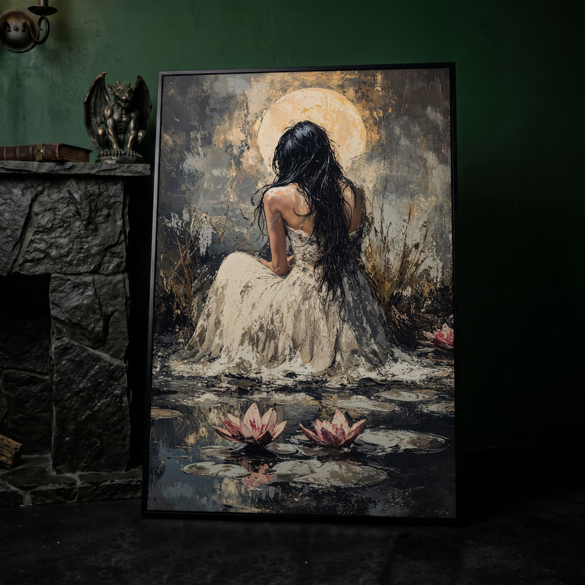 Woman by Moonlit Water Lilies Canvas Print in black floating frame