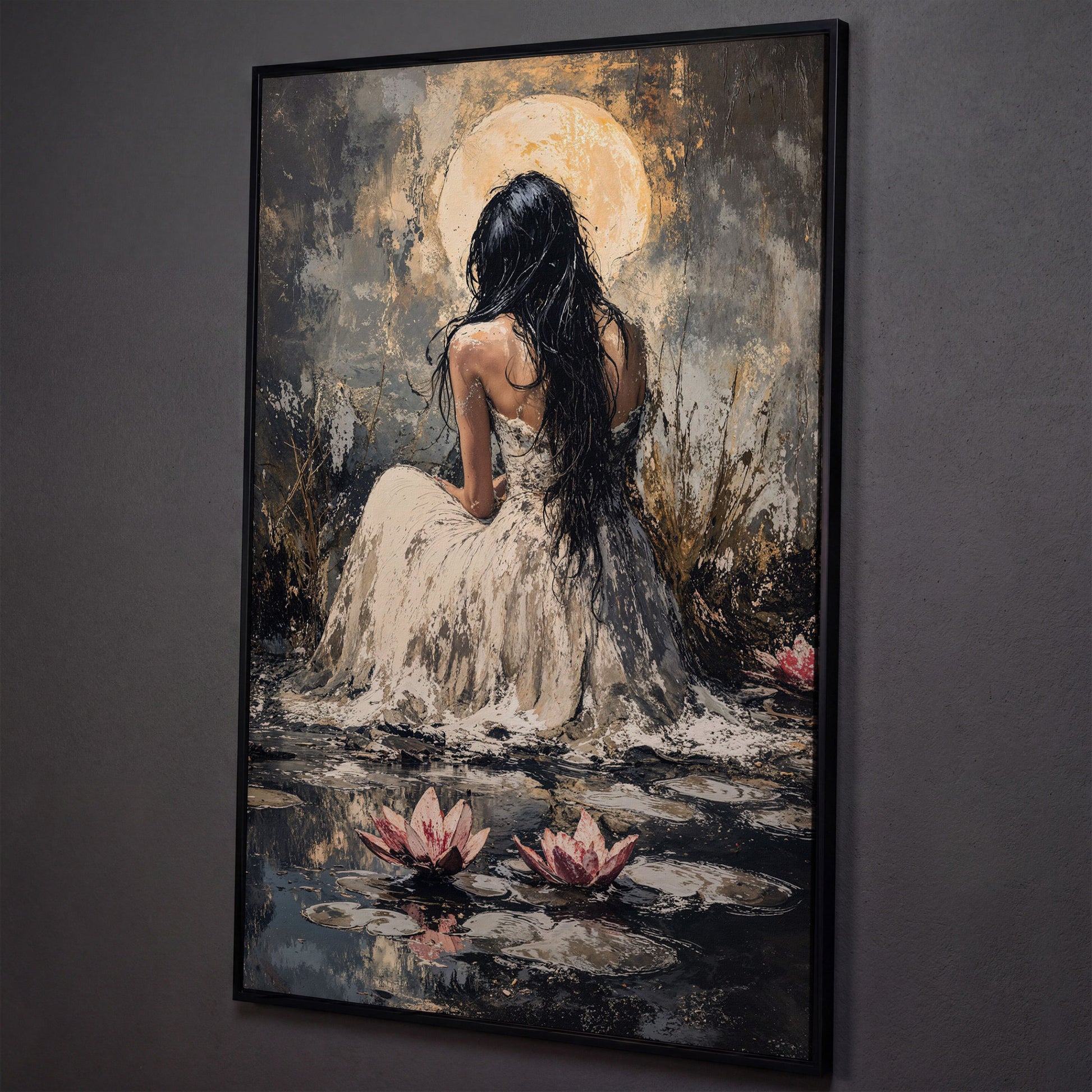 Woman by Moonlit Water Lilies Canvas Print shown in black floating frame