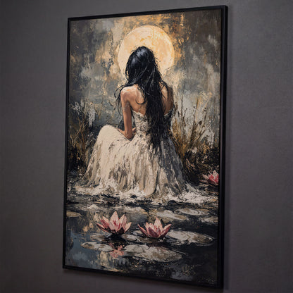 Woman by Moonlit Water Lilies Canvas Print shown in black floating frame
