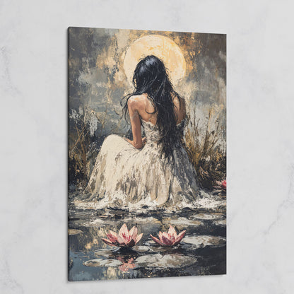 Woman by Moonlit Water Lilies Canvas Print on gallery wrap