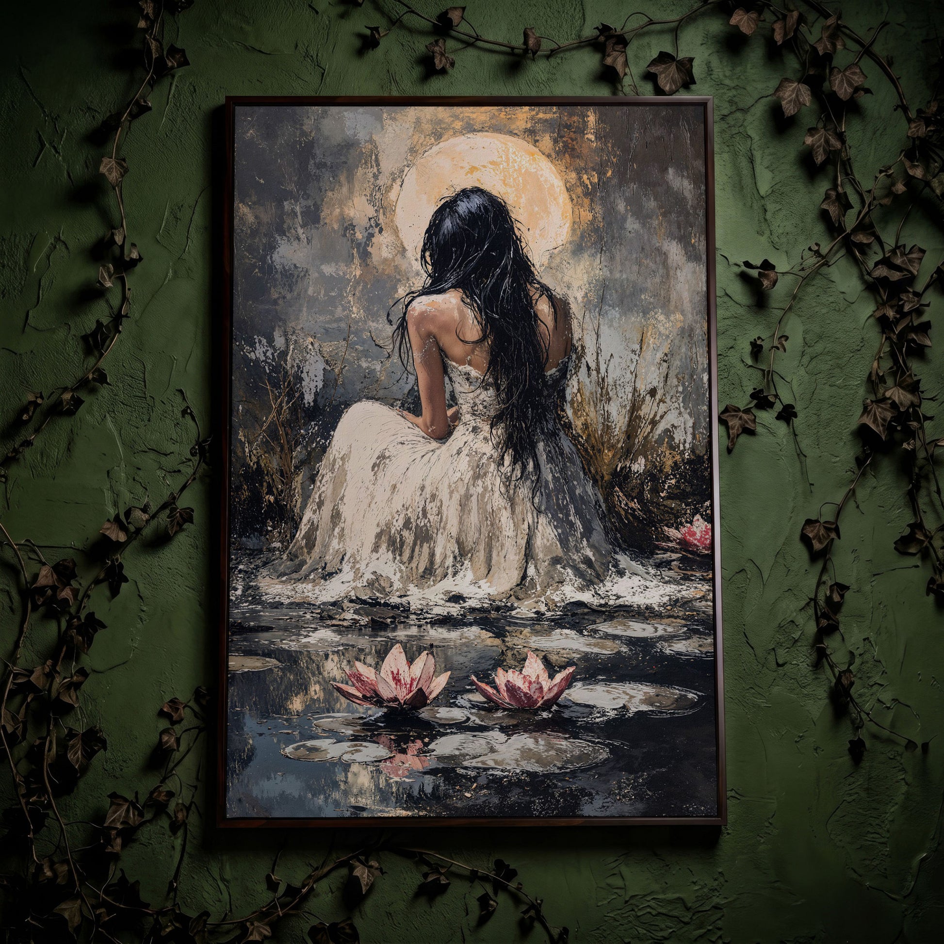 Woman by Moonlit Water Lilies Canvas Print in dark walnut floating frame