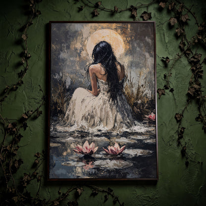 Woman by Moonlit Water Lilies Canvas Print in dark walnut floating frame