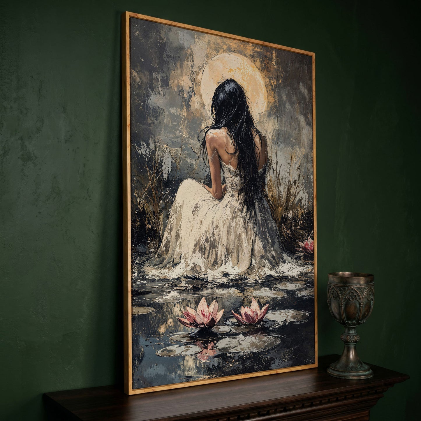 Woman by Moonlit Water Lilies Canvas Print in white oak floating frame