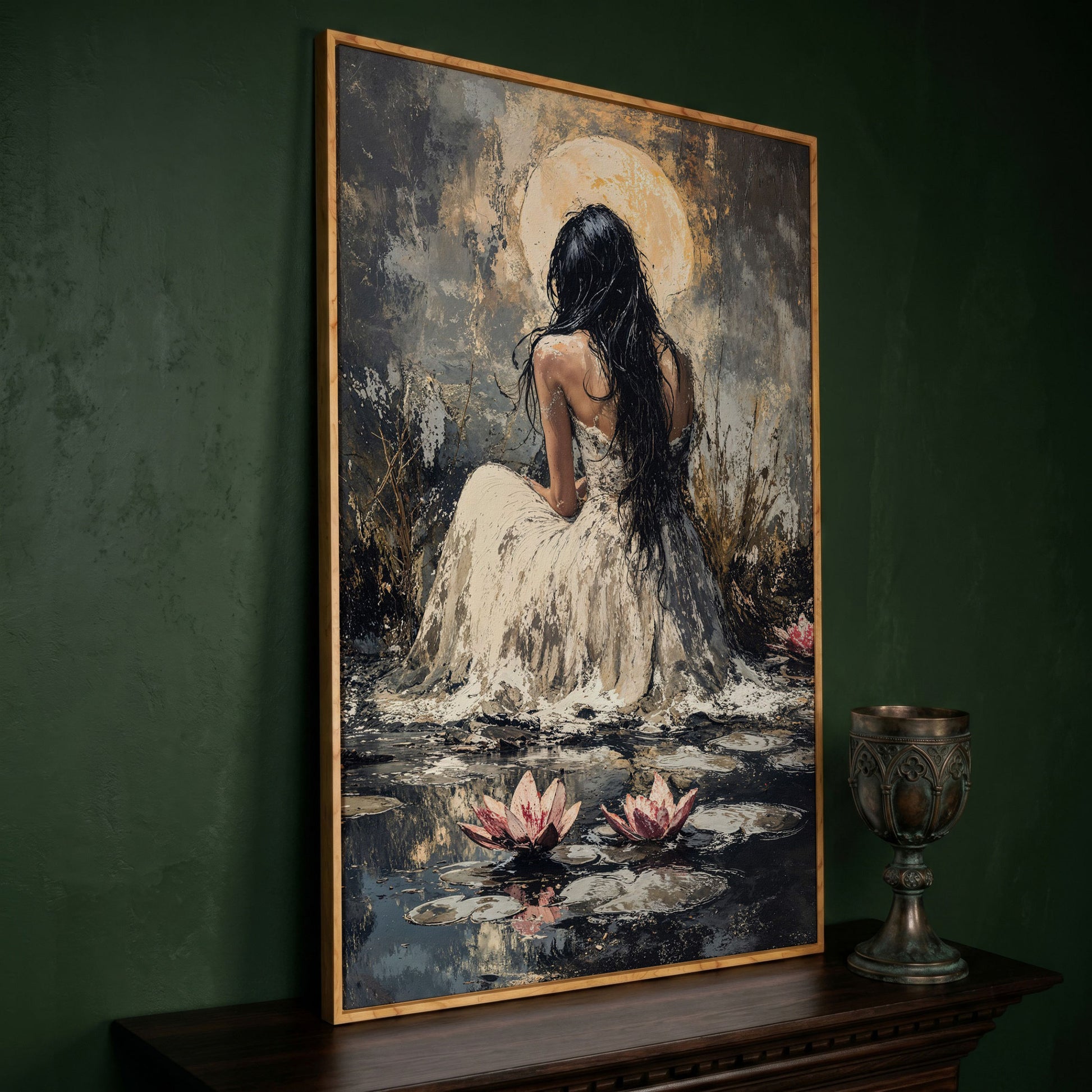 Woman by Moonlit Water Lilies Canvas Print in white oak floating frame
