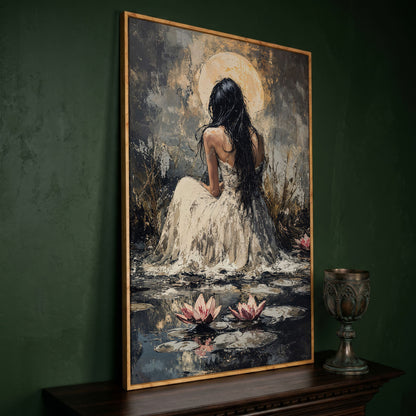 Woman by Moonlit Water Lilies Canvas Print in white oak floating frame