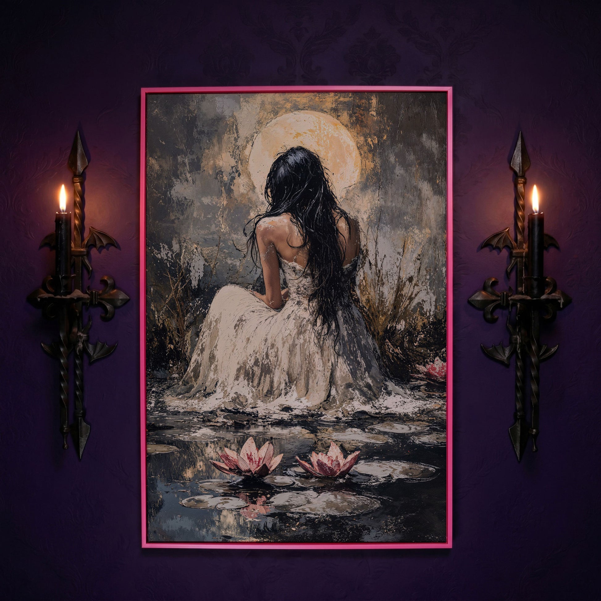 Woman by Moonlit Water Lilies Canvas Print in pink floating frame