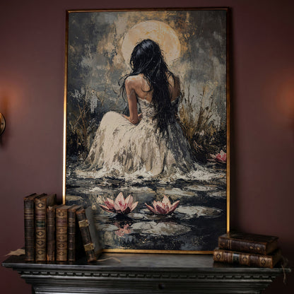 Woman by Moonlit Water Lilies Canvas Print in rose gold floating frame