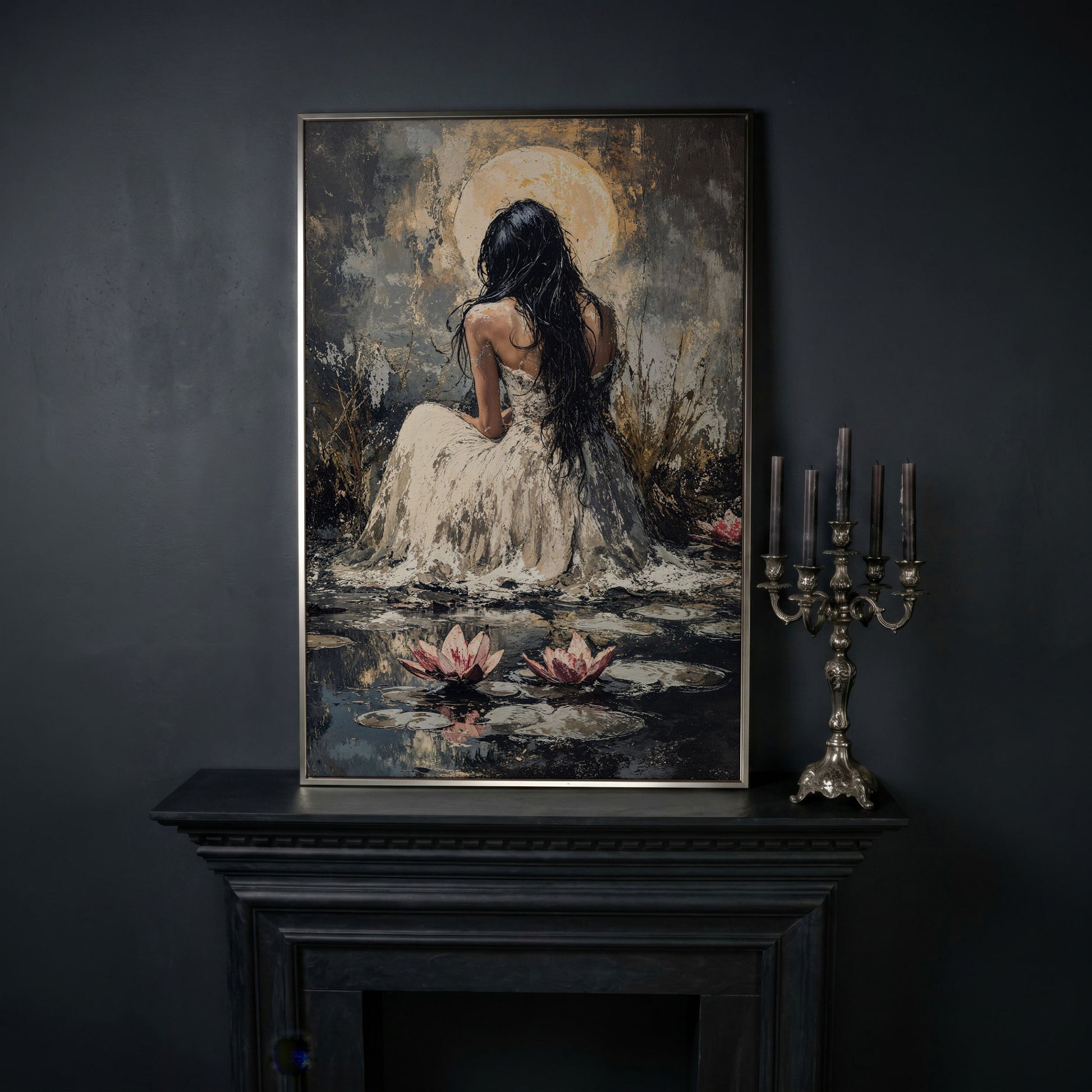 Woman by Moonlit Water Lilies Canvas Print in silver floating frame