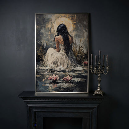 Woman by Moonlit Water Lilies Canvas Print in silver floating frame