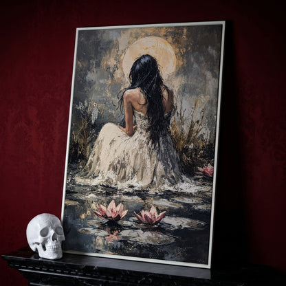 Woman by Moonlit Water Lilies Canvas Print in white floating frame