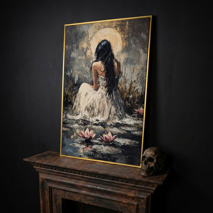 Woman by Moonlit Water Lilies Canvas Print in yellow gold floating frame