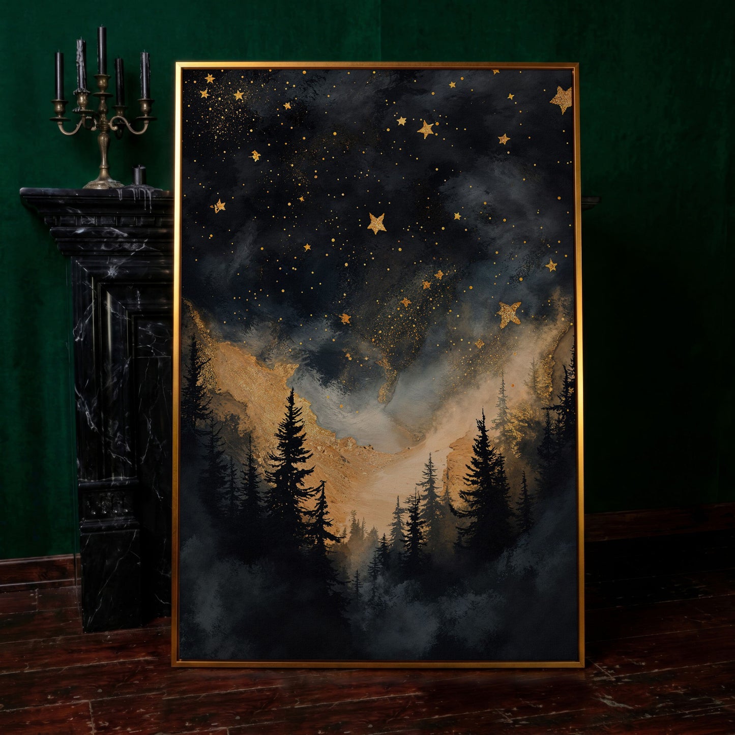 Starry Night Forest Silhouette with Gold Mountains Canvas Art in antique gold floating frame