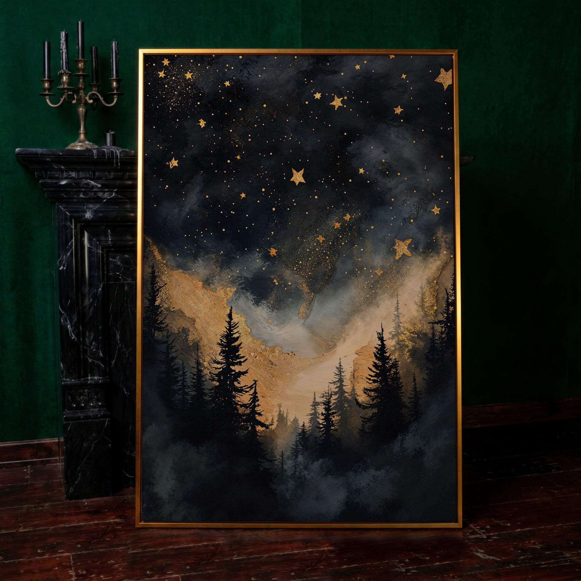 Starry Night Forest Silhouette with Gold Mountains Canvas Art in antique gold floating frame