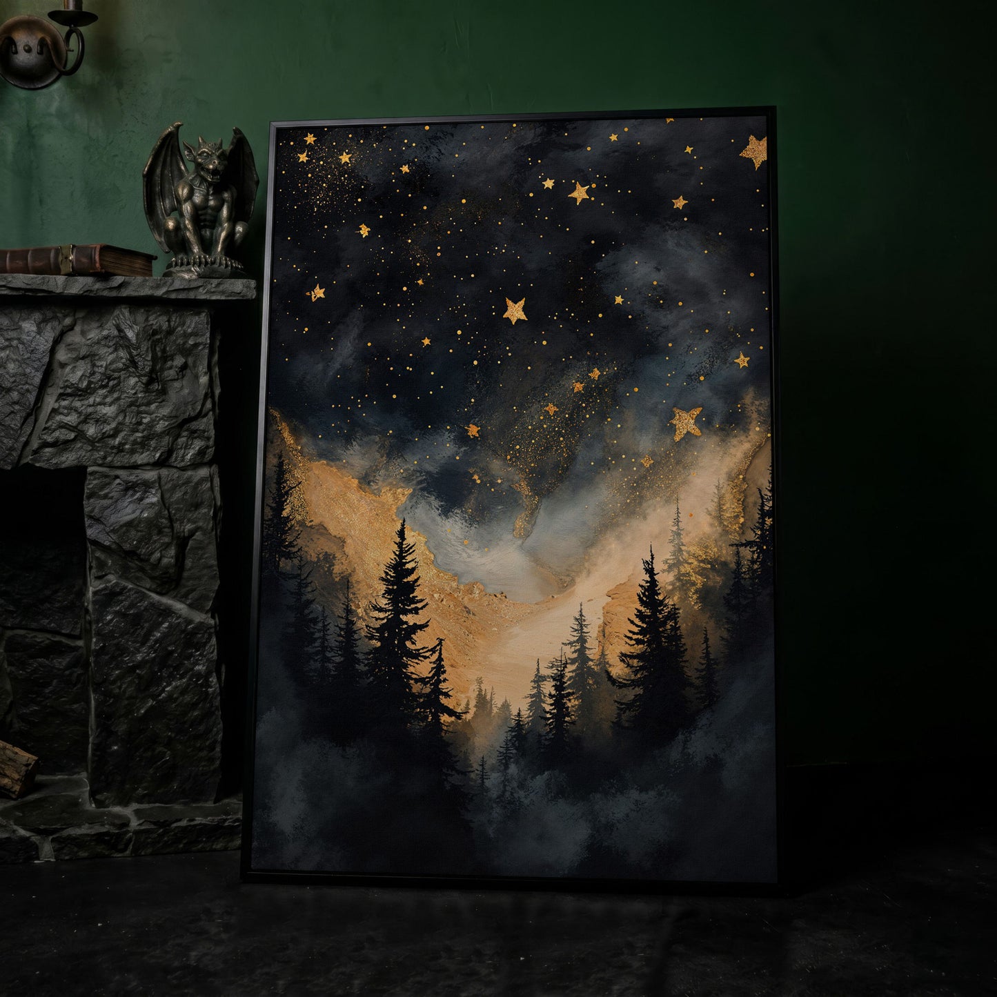 Starry Night Forest Silhouette with Gold Mountains Canvas Art in black floating frame