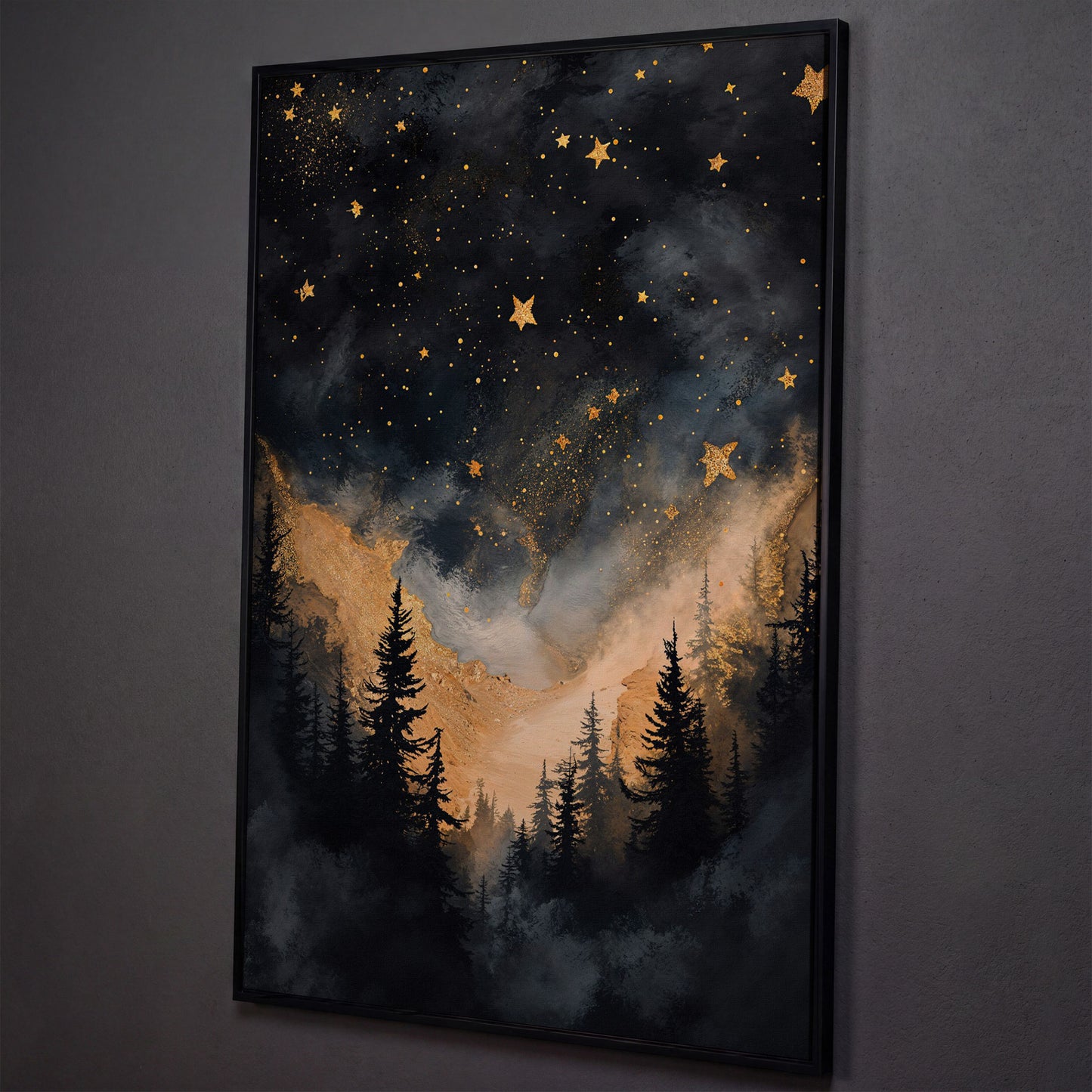 Starry Night Forest Silhouette with Gold Mountains Canvas Art shown in black floating frame