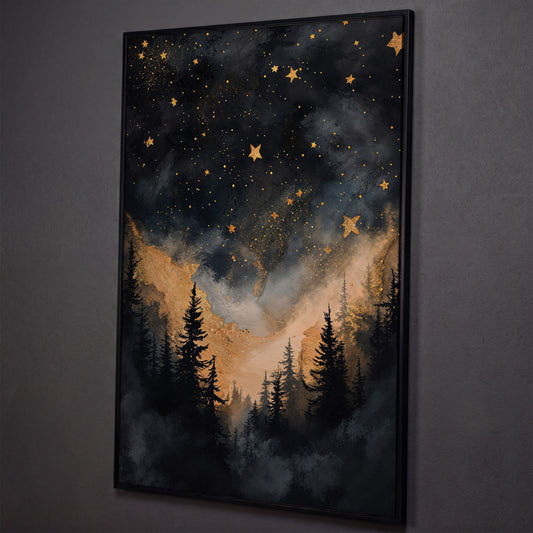 Starry Night Forest Silhouette with Gold Mountains Canvas Art shown in black floating frame